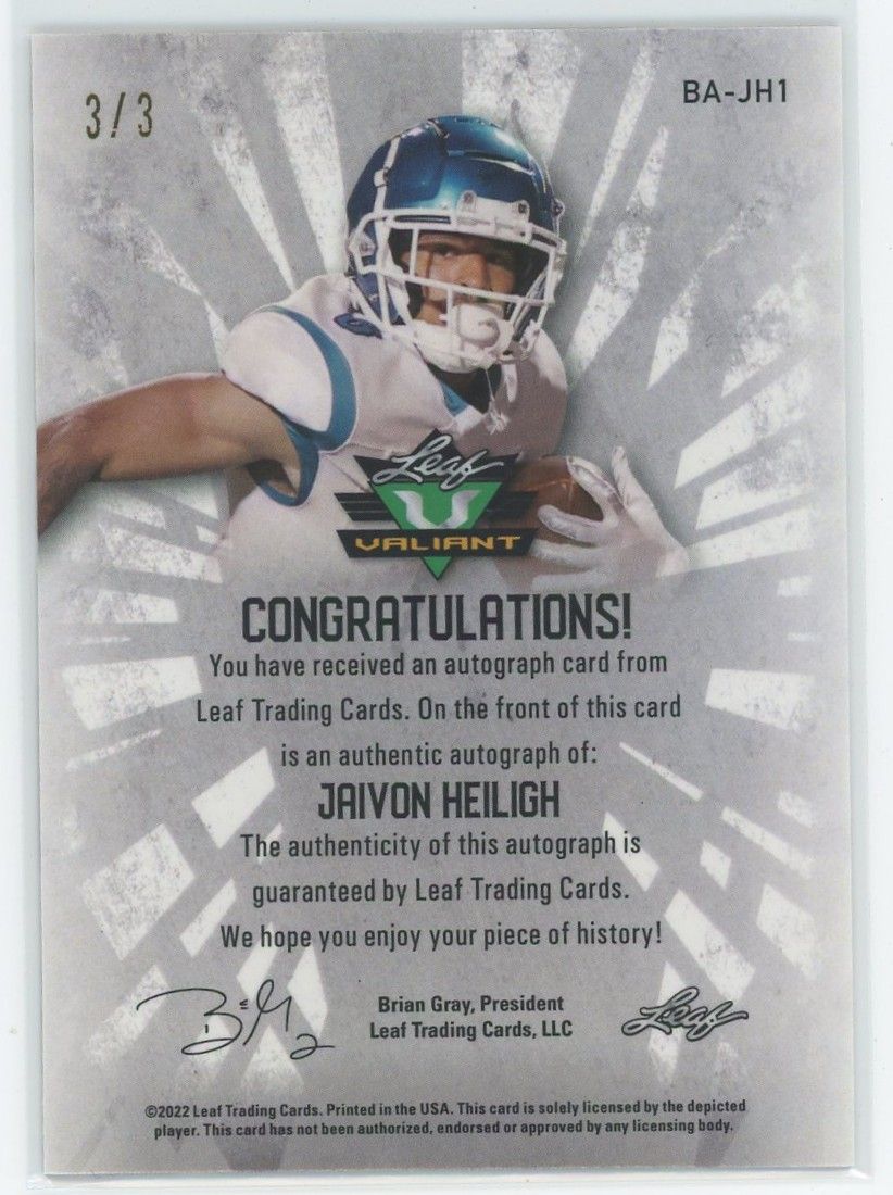 2022 Leaf Valiant Football Jaivon Heiligh Black Cracked Ice Auto #3/3 #BA-JH1
