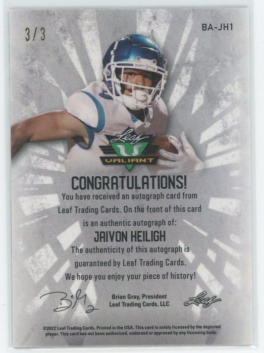 2022 Leaf Valiant Football Jaivon Heiligh Black Cracked Ice Auto #3/3 #BA-JH1