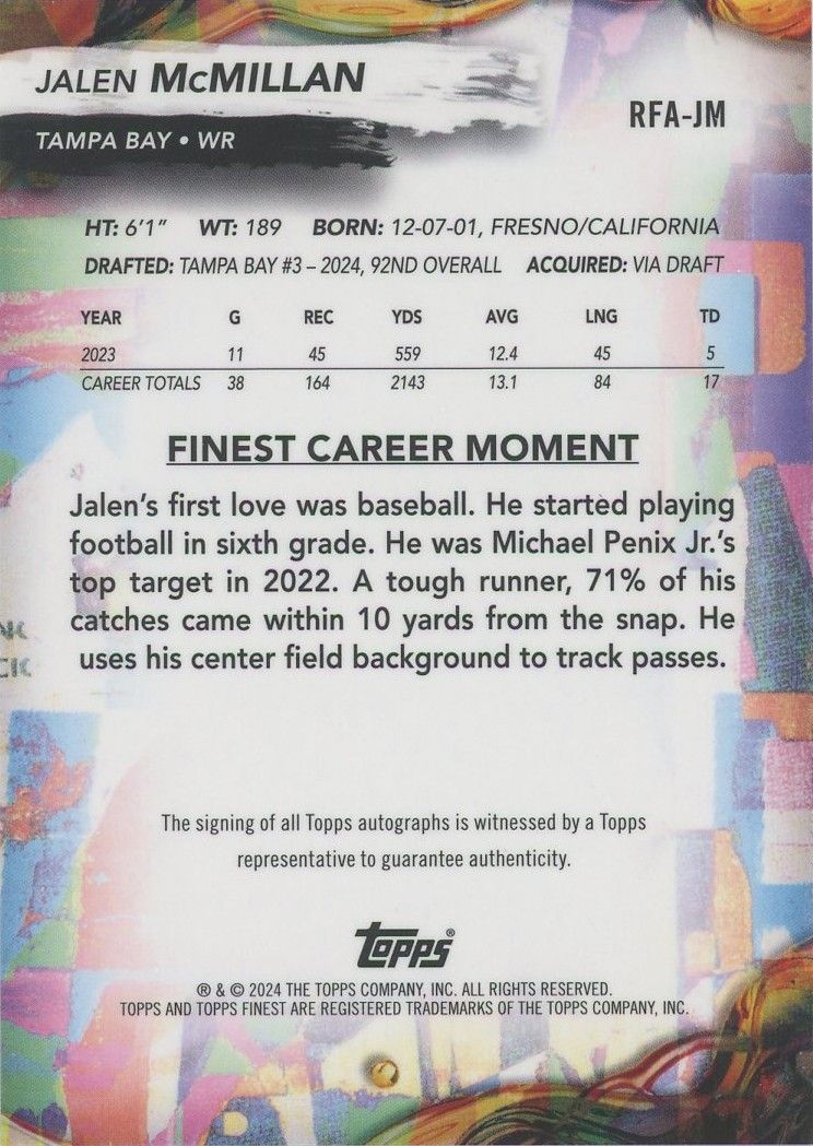 Jalen McMillan 2024 Topps Finest Football Rookie RC Auto #RFA-JM Buccaneers