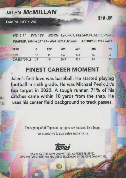 Jalen McMillan 2024 Topps Finest Football Rookie RC Auto #RFA-JM Buccaneers