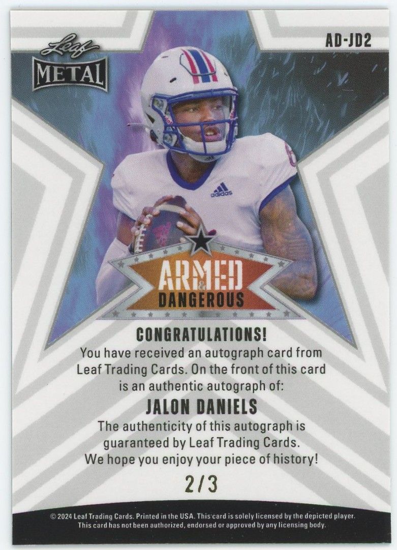 2024 Leaf Metal Football Jalon Daniels Armed & Dangerous Orange Shimmer Auto #2/3