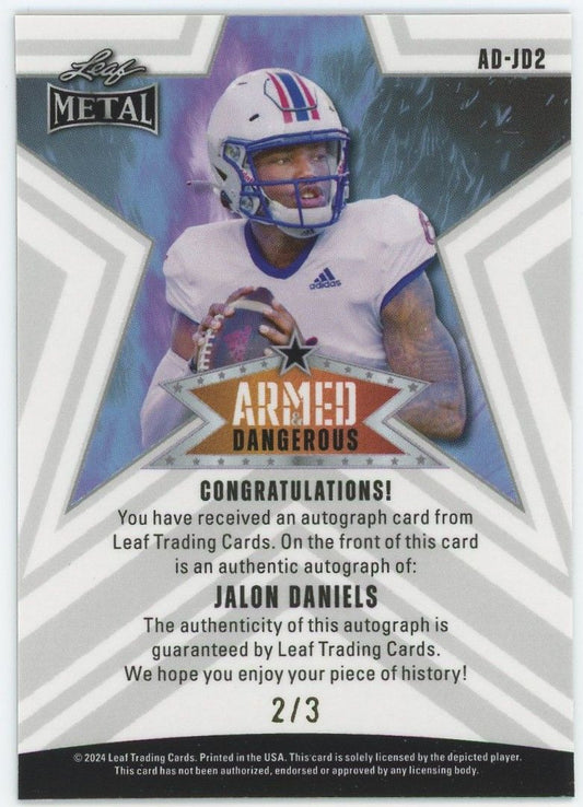 2024 Leaf Metal Football Jalon Daniels Armed & Dangerous Orange Shimmer Auto #2/3
