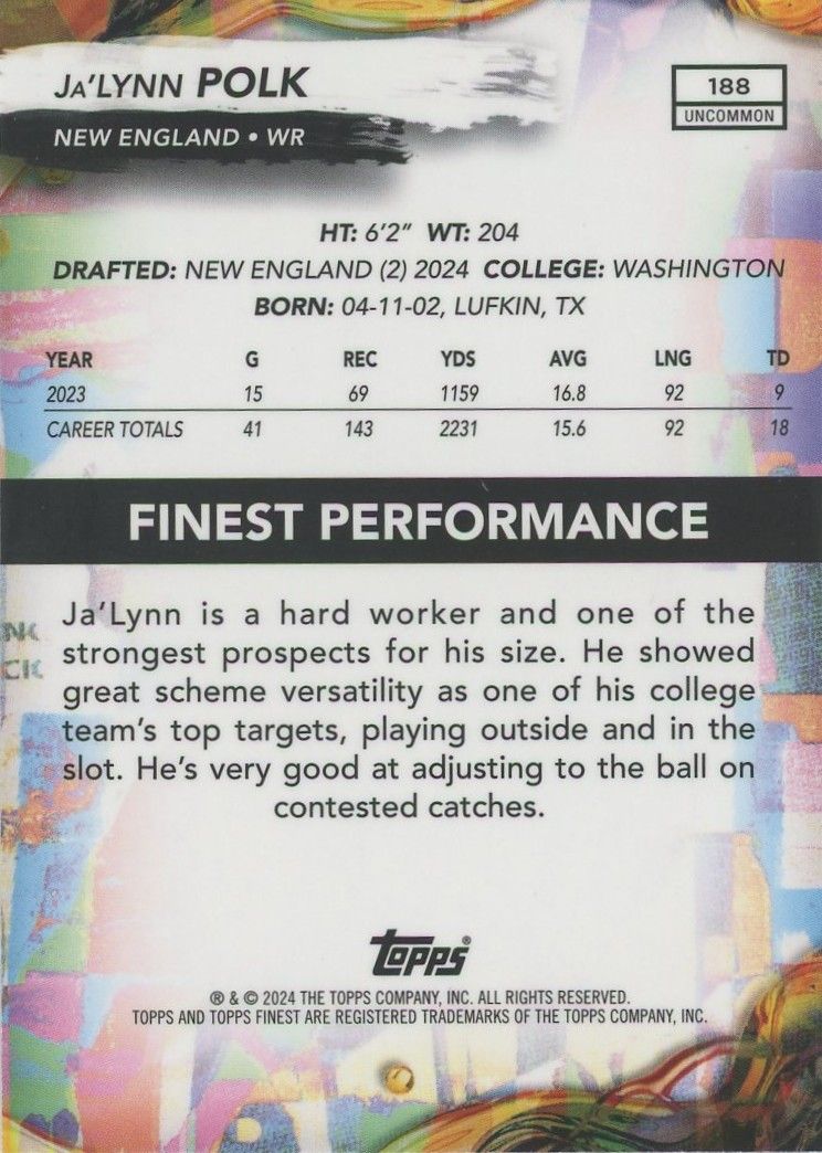 Ja'Lynn Polk 2024 Topps Finest Blue Rookie RC #186/250 #188