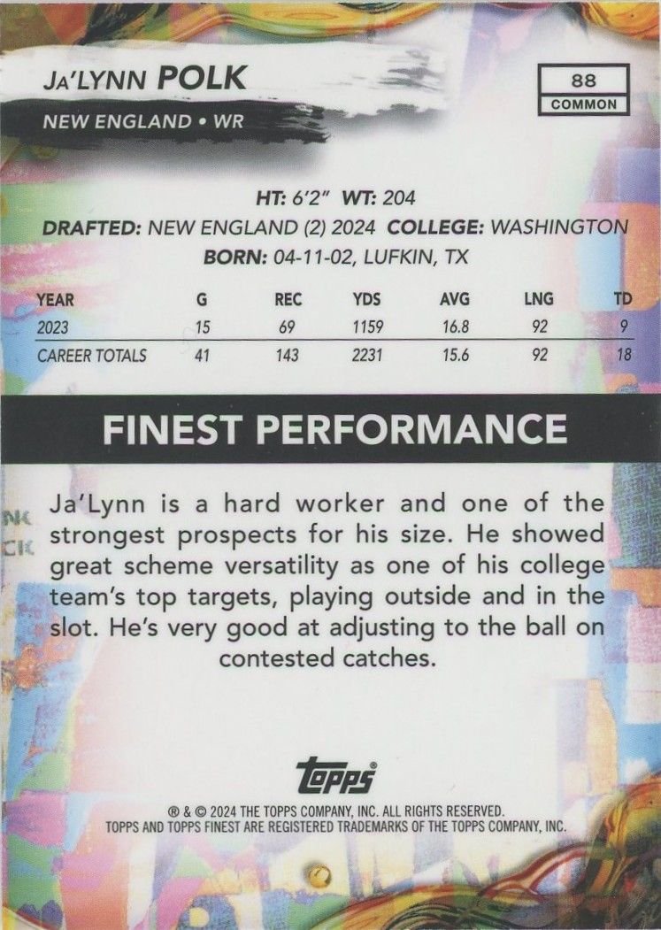 Ja'Lynn Polk 2024 Topps Finest Blue Checkerboard Rookie RC #98/99 #88 Pats