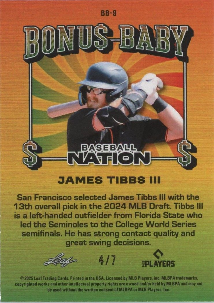 James Tibbs III 2025 Leaf Baseball Nation Bonus Baby Blue Disco #4/7 #BB-9