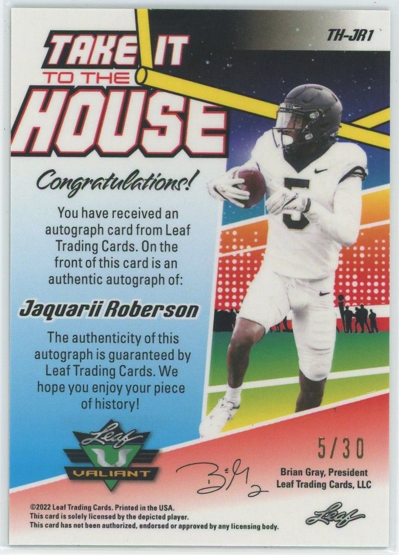 2022 Leaf Valiant Football Jaquarii Roberson Green Cracked Ice Auto #5/30 #TH-JA1