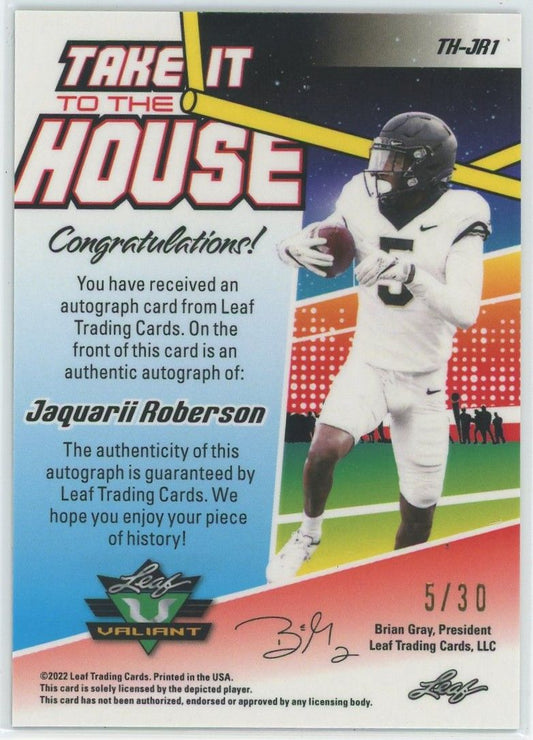 2022 Leaf Valiant Football Jaquarii Roberson Green Cracked Ice Auto #5/30 #TH-JA1