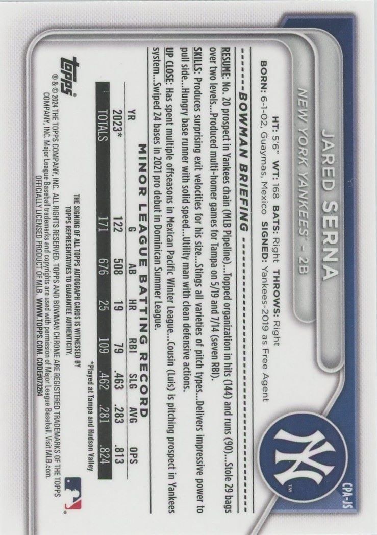 Jared Serna 2024 Bowman Chrome 1st Auto #CPA-JS NY Yankees