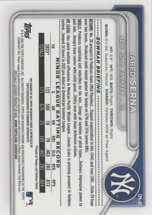 Jared Serna 2024 Bowman Chrome 1st Auto #CPA-JS NY Yankees
