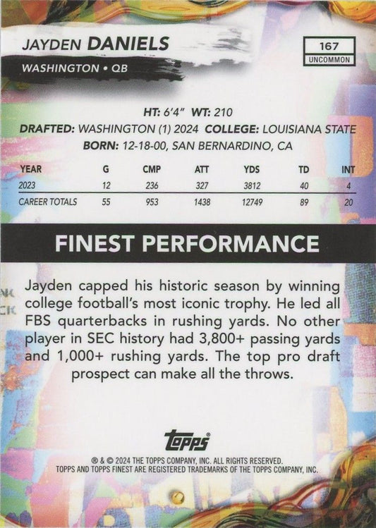 Jayden Daniels 2024 Topps Finest Rookie RC #167 Uncommon Washington