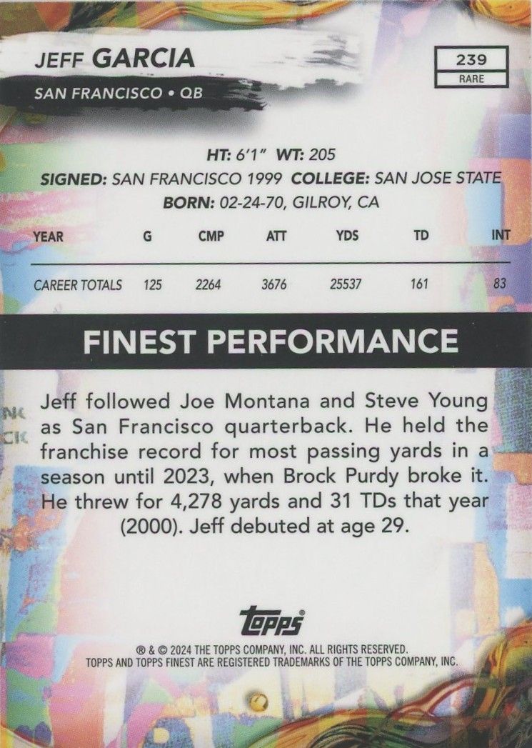 Jeff Garcia 2024 Topps Finest Purple Checkerboard #71/75 #239 49ers