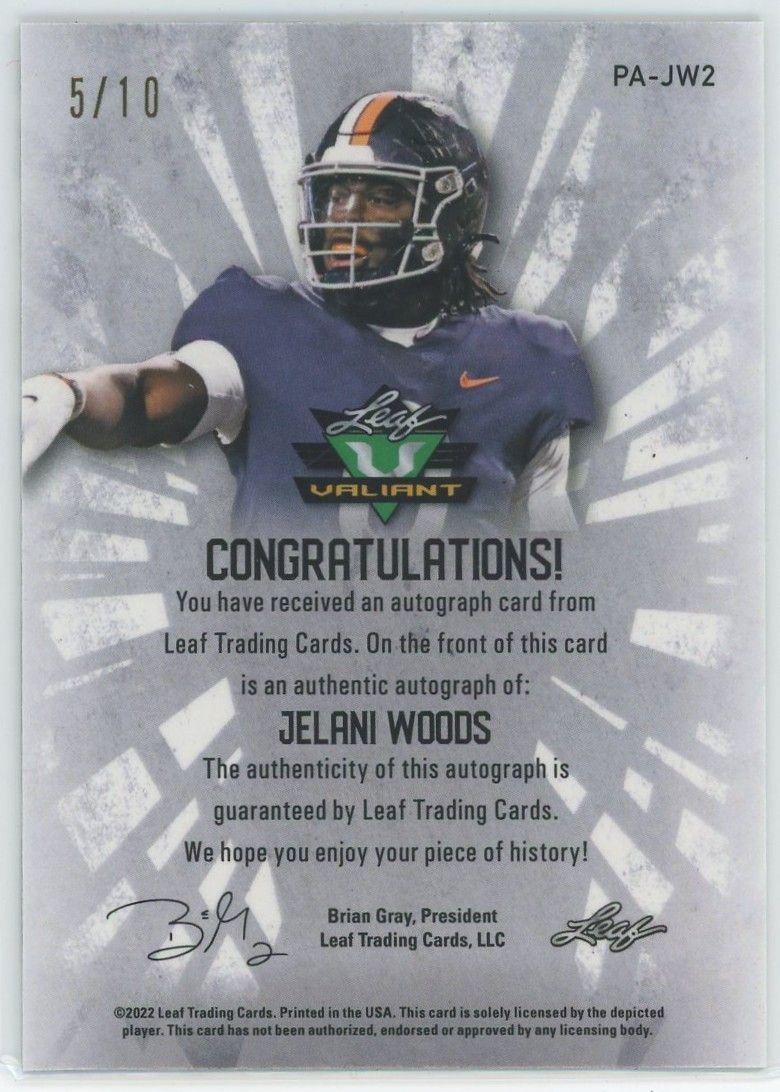 2022 Leaf Valiant Football Jelani Woods Blue Auto #5/10 #PA-JW2