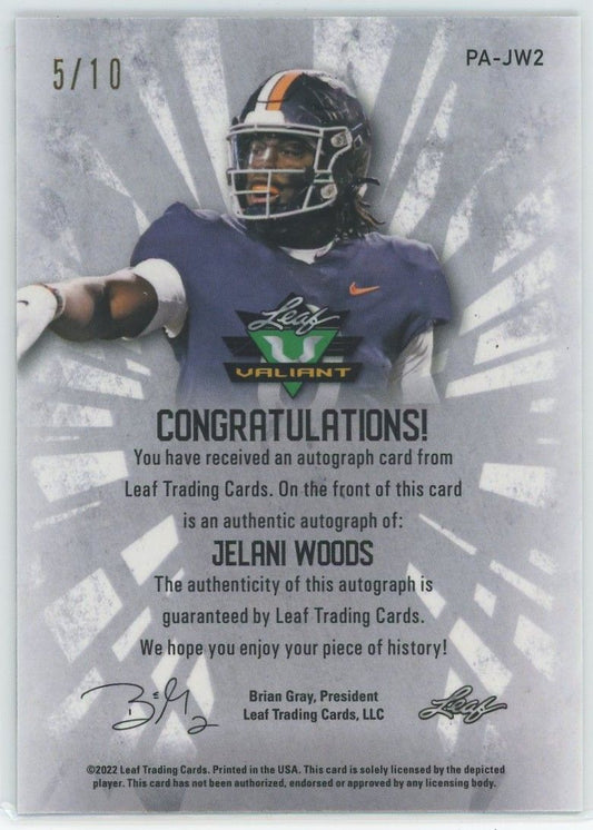 2022 Leaf Valiant Football Jelani Woods Blue Auto #5/10 #PA-JW2