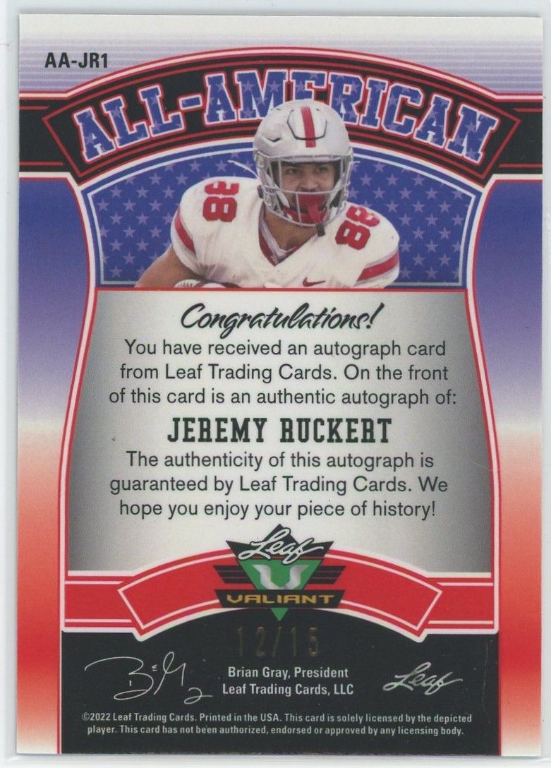 2022 Leaf Valiant Football Jeremy Ruckert All American Cracked Ice Auto #12/15 #AA-JR1