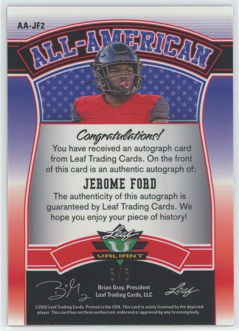 2022 Leaf Valiant Football Jerome Ford Pink Cracked Ice Auto #5/5 #AA-JF2