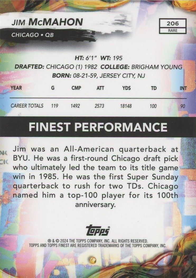 Jim Mcmahon 2024 Topps Finest Gold #16/20 #206 Chicago Bears