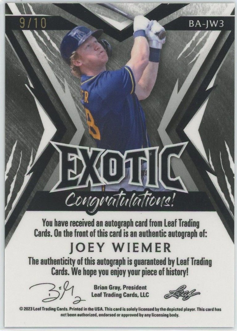 2023 Leaf Exotic Baseball Joey Wiemer Tiger Auto #9/10 #BA-JW3