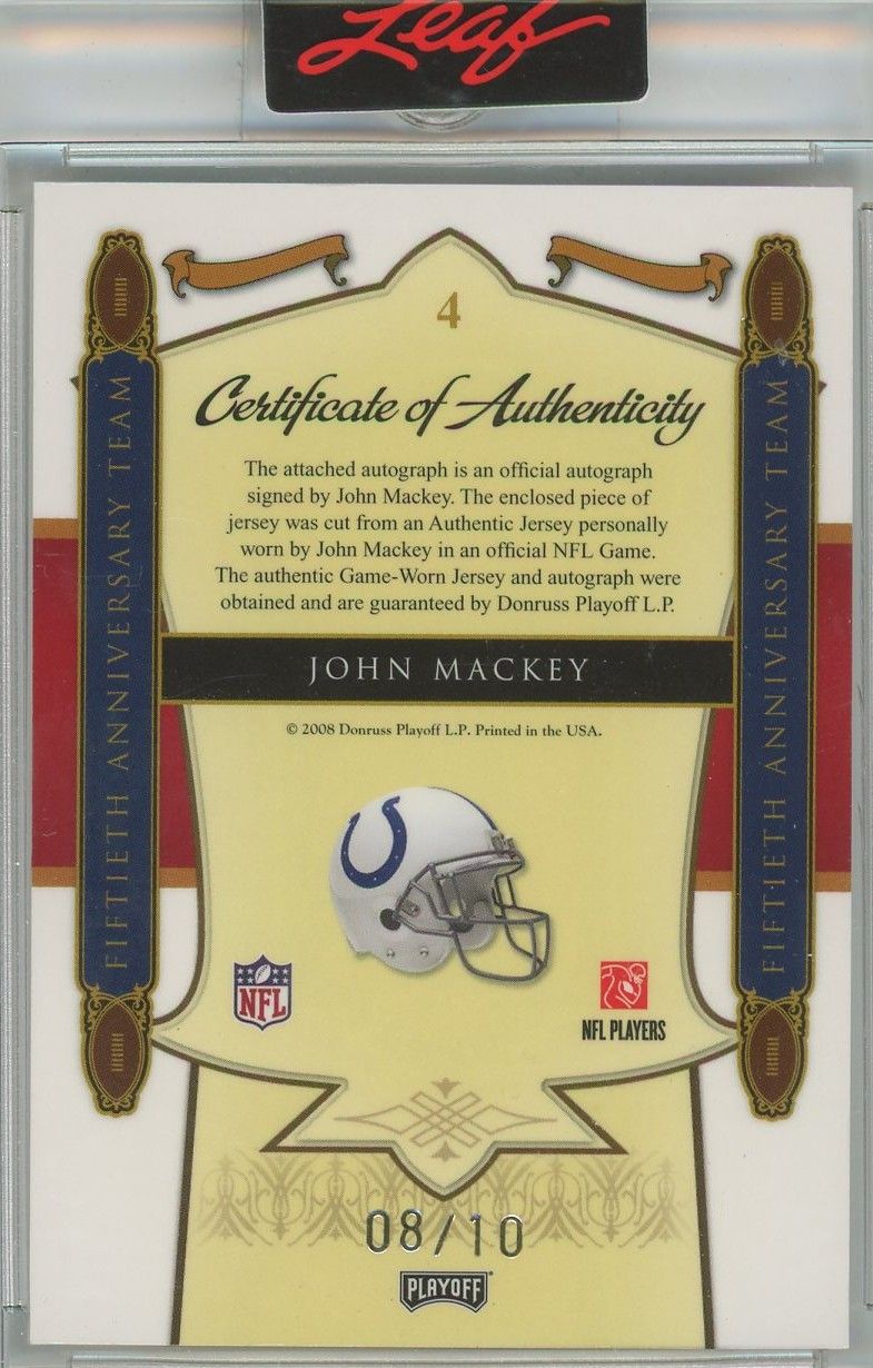 John Mackey 2008 National Treasures 50th Anniversary Game Used Auto #8/10