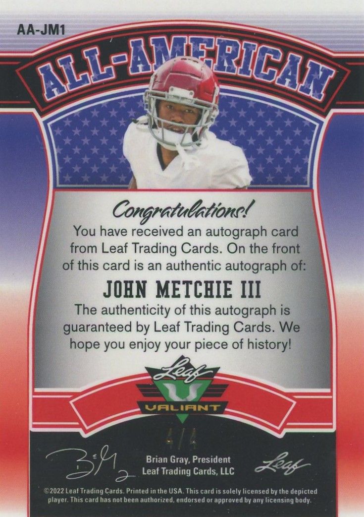 John Metchie III 2022 Leaf Valiant All-American Red Auto #4/4 #AA-JM1