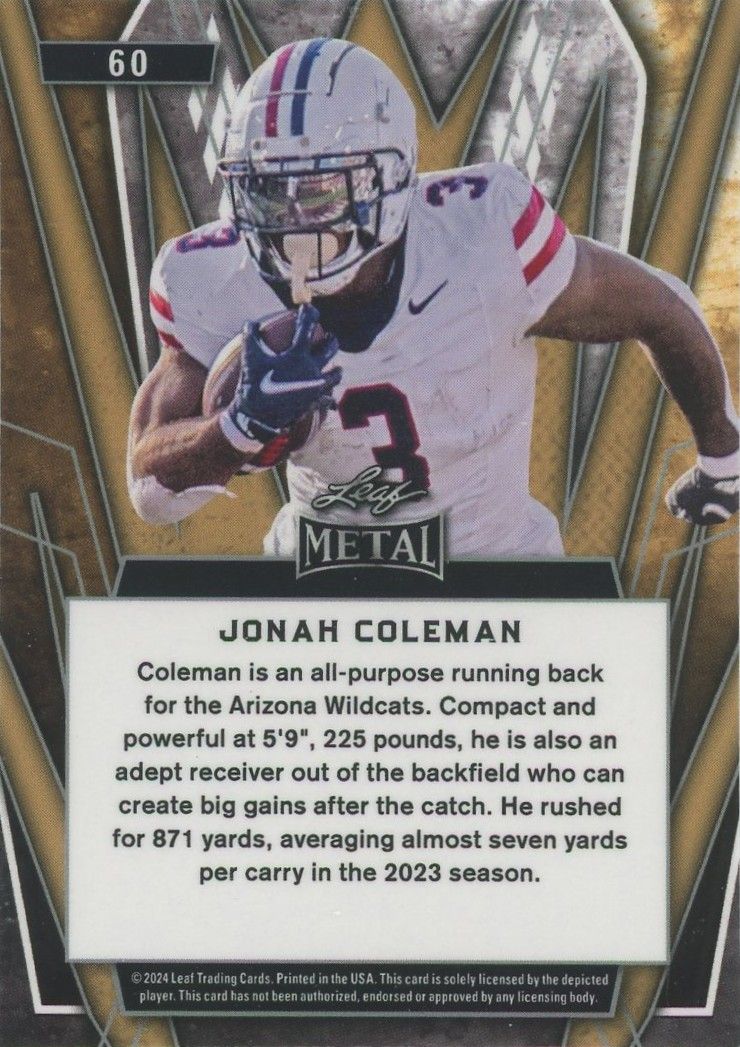 Jonah Coleman 2024 Leaf Metal Football #60