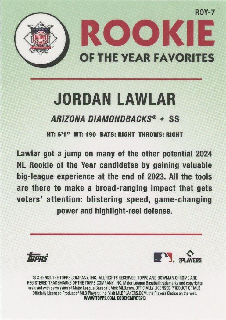 2024 Bowman Chrome Jordan Lawlar Rookie of the Year Favorites Rookie #ROY-7