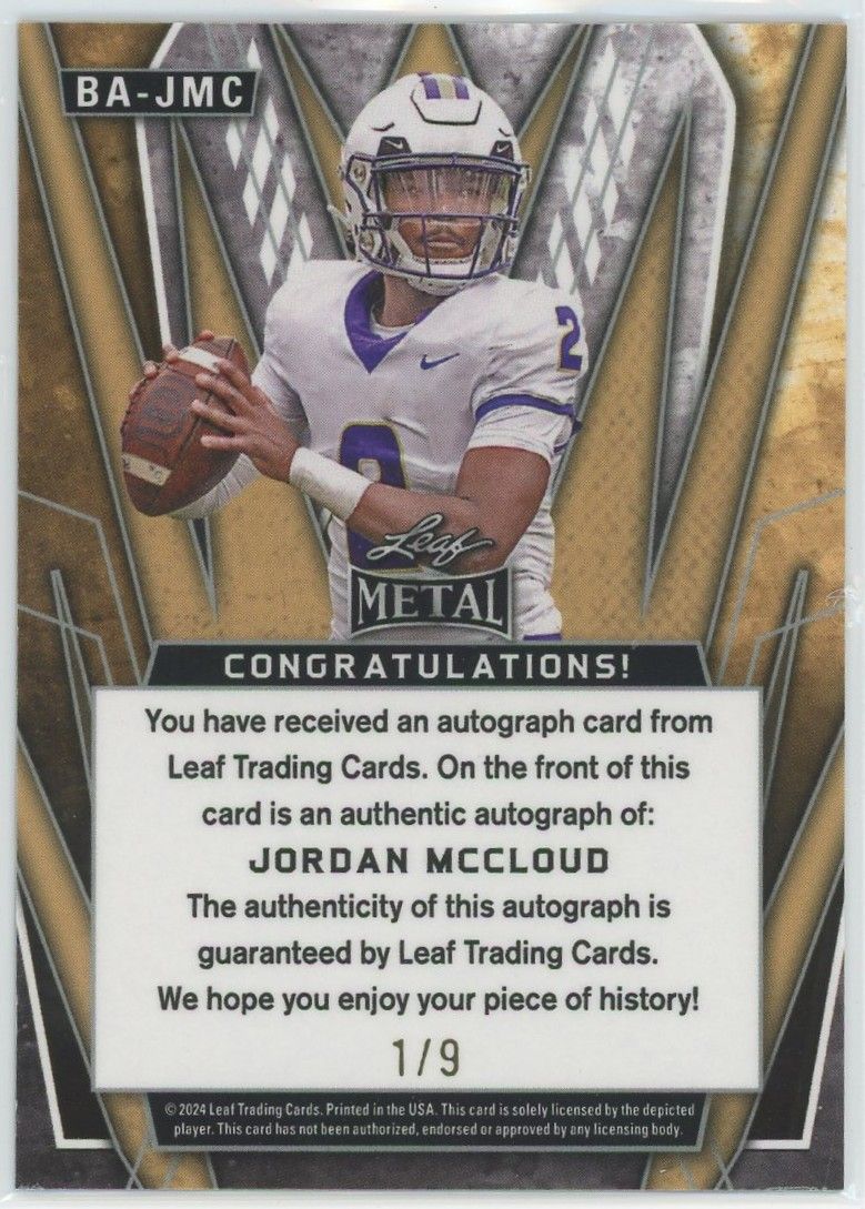2024 Leaf Metal Football Jordan McCloud Orange Auto #1/9 #BA-JMC