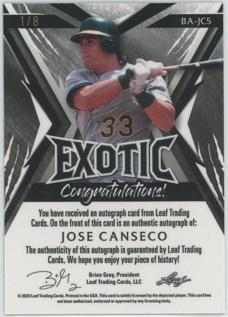2023 Leaf Exotic Baseball Jose Canseco Zebra Mojo Auto #1/8 #BA-JC5