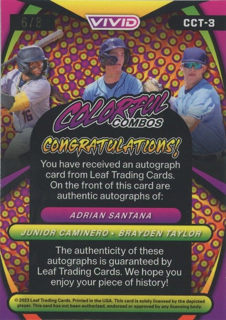 Junior Caminero Adrian Santana Brayden Taylor 2023 Leaf Vivid Triple Auto #6/8 #CCT-3