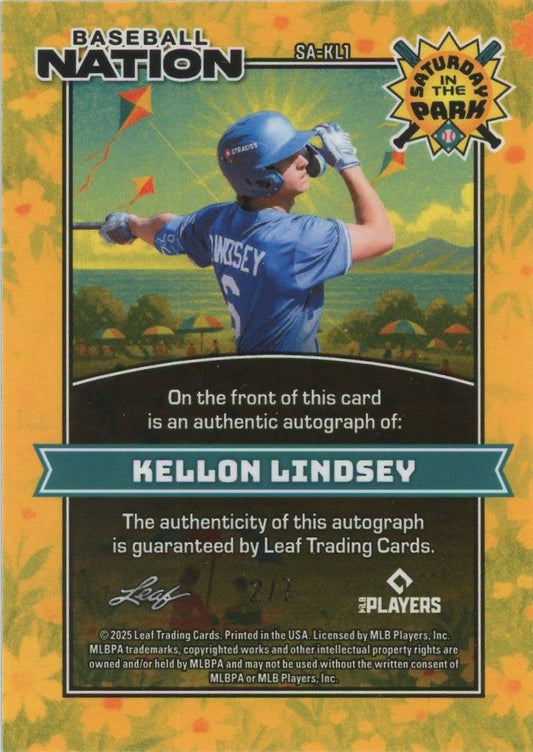 Kellon Lindsey 2025 Leaf Baseball Nation Sat in the Park Blue Shimmer Auto #2/7 #SA-KL1