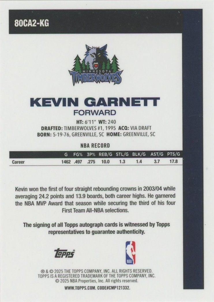 Kevin Garnett 2025 Topps Orange Mojo Auto #6/25 #80CA2-KG