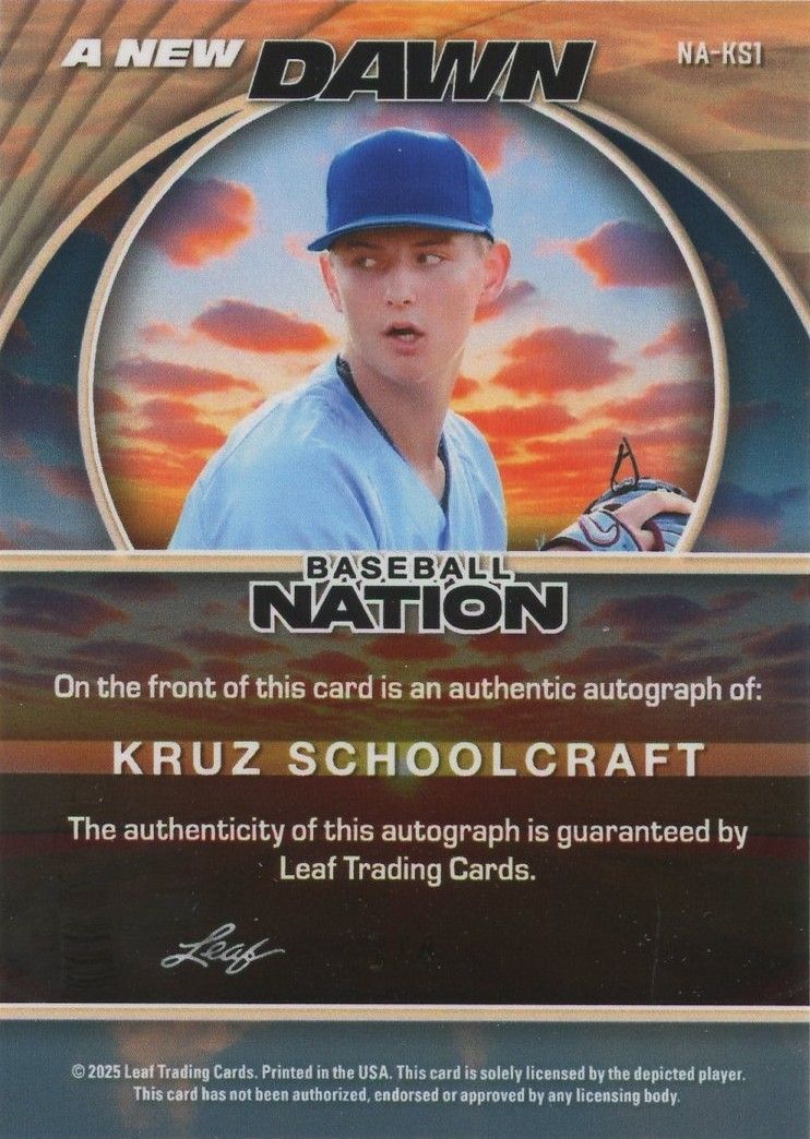Kruz Schoolcraft 2025 Leaf Baseball Nation Orange Cracked Ice Auto #3/4 #NA-KS1
