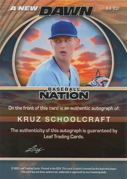 Kruz Schoolcraft 2025 Leaf Baseball Nation Orange Cracked Ice Auto #3/4 #NA-KS1