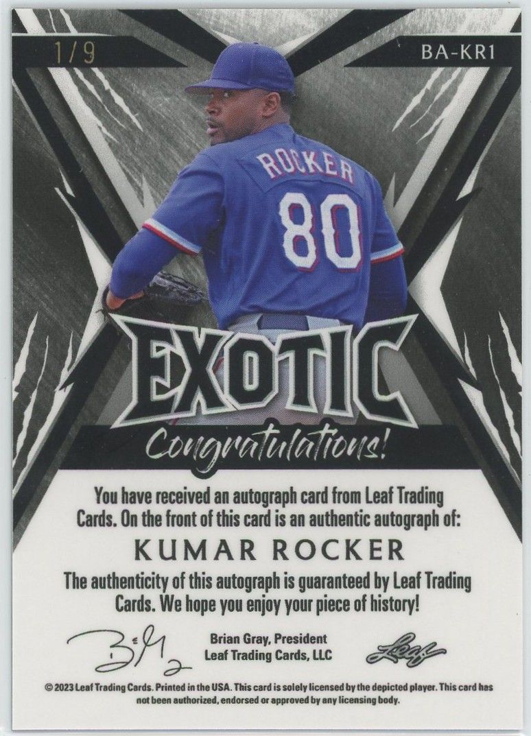 2023 Leaf Exotic Baseball Kumar Rocker Zebra Auto #1/9 #BA-KR1