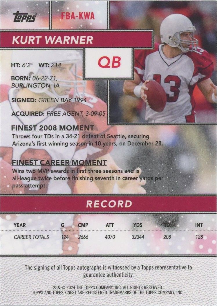 Kurt Warner 2024 Topps Finest Flasback Auto #40/50 #FBA-KWA