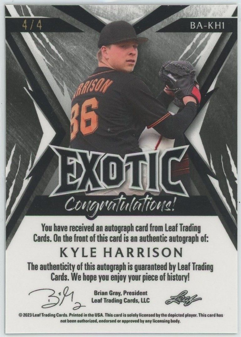 2023 Leaf Exotic Baseball Kyle Harrison Cracked Ice Auto #4/4 #BA-KH1