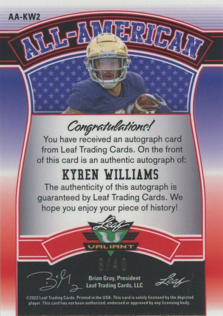 Kyren Williams 2022 Leaf Valiant All-American Green Auto #8/40 #AA-KW2