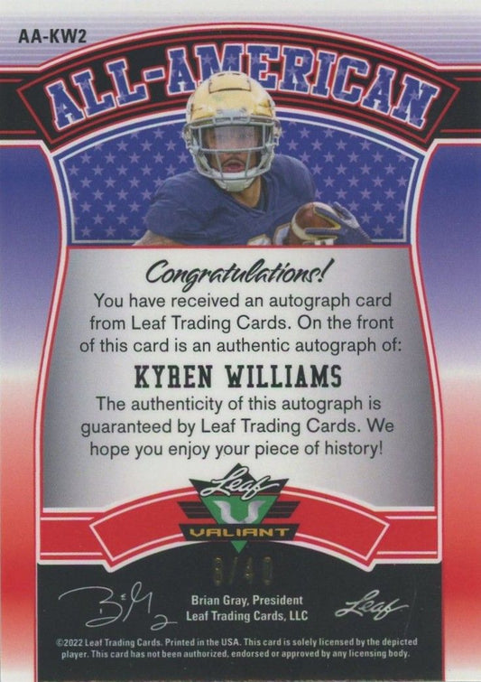 Kyren Williams 2022 Leaf Valiant All-American Green Auto #8/40 #AA-KW2