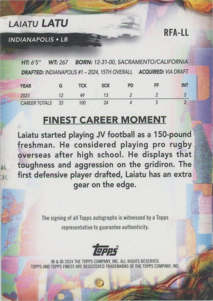 Laiatu Latu 2024 Topps Finest Autograph Rookie RC #RFA-LL