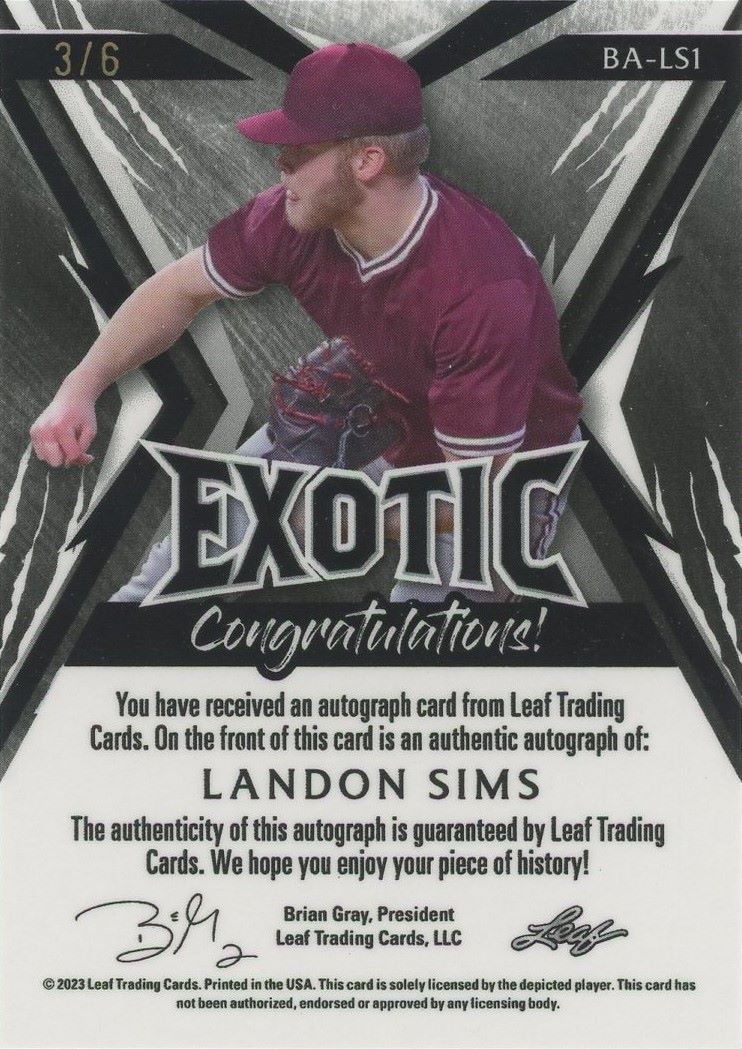 Landon Sims 2023 Leaf Exotic Peacock Auto #3/6 #BA-LS1