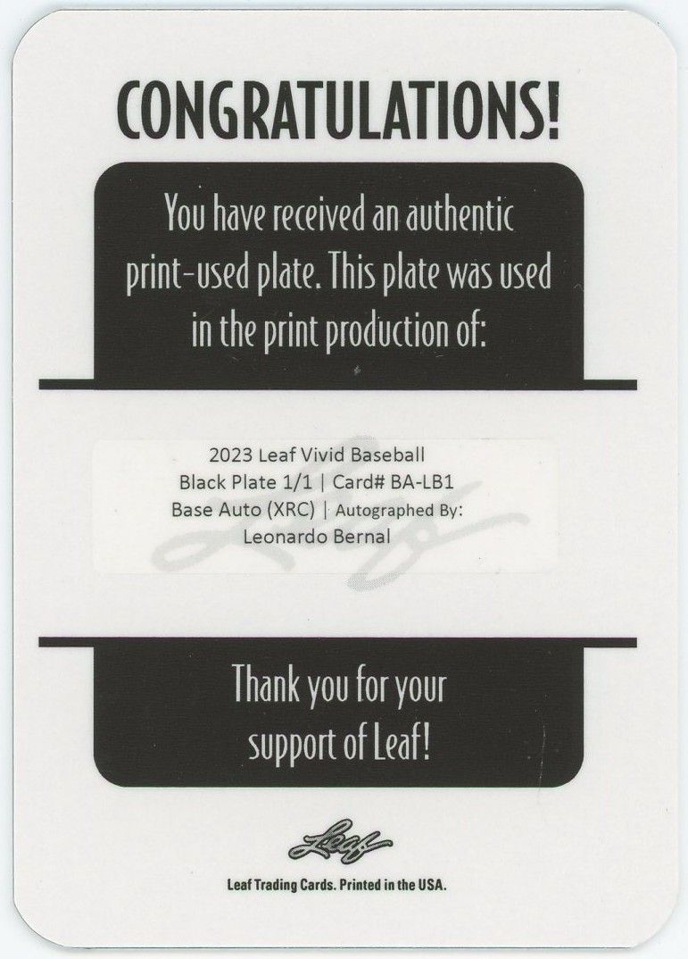 2023 Leaf Vivid Leonardo Bernal Black Plate Auto #1/1 #BA-LB1