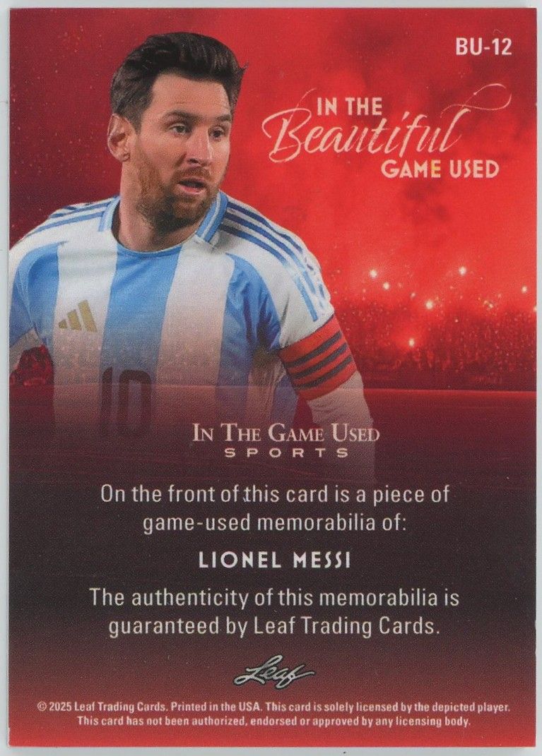 2025 Leaf In the Game Used Lionel Messi In The Beautiful Blue Patch #5/65 #BU-12
