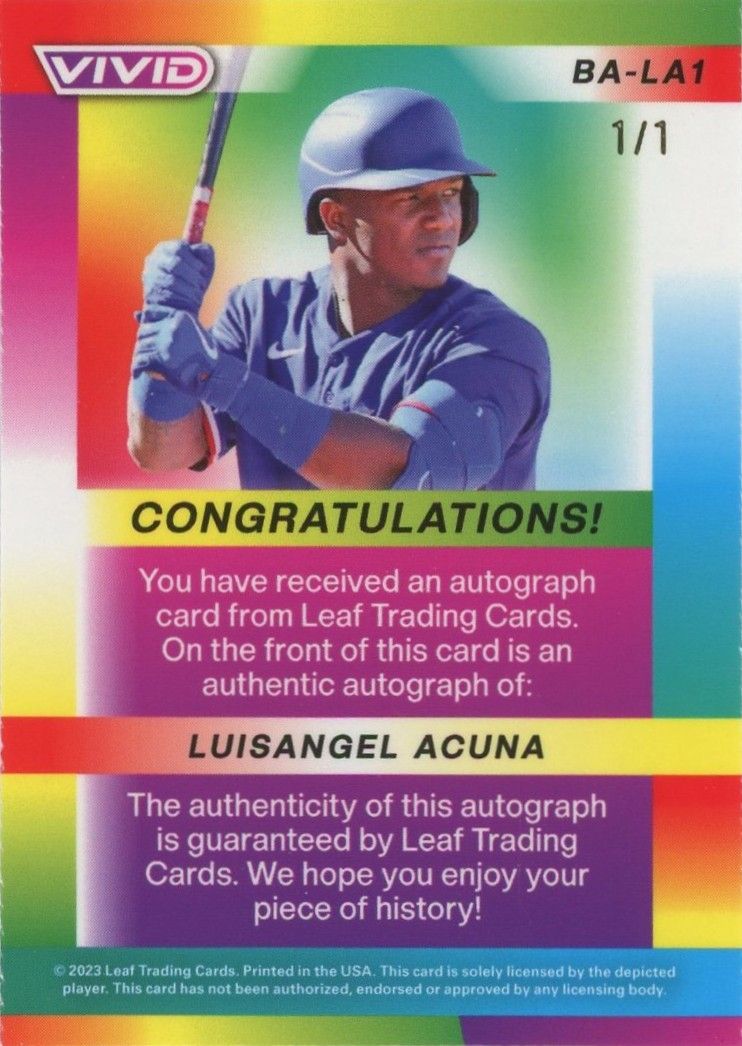 Luisangel Acuna 2023 Leaf Vivid Purple Laser Auto #1/1 #BA-LA1