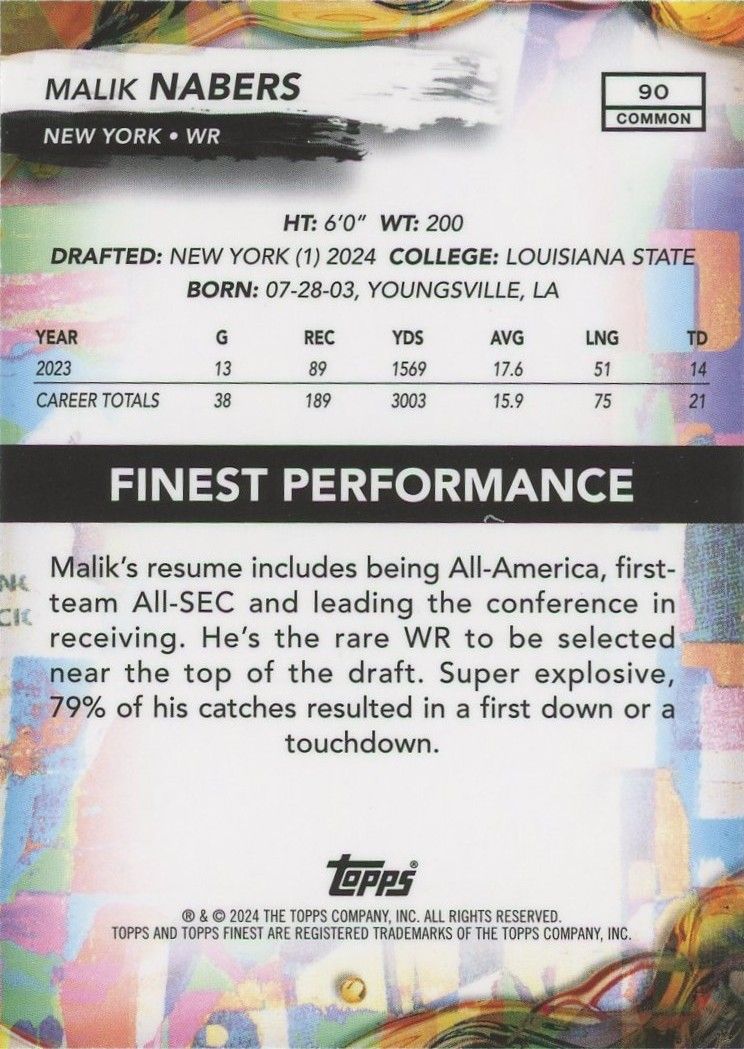 Malik Nabers 2024 Topps Finest Rookie RC #90 NY Giants