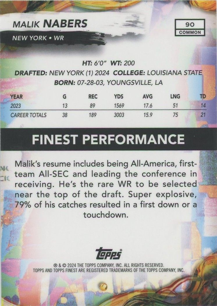 Malik Nabers 2024 Topps Finest Purple Rookie RC #184/250 #90