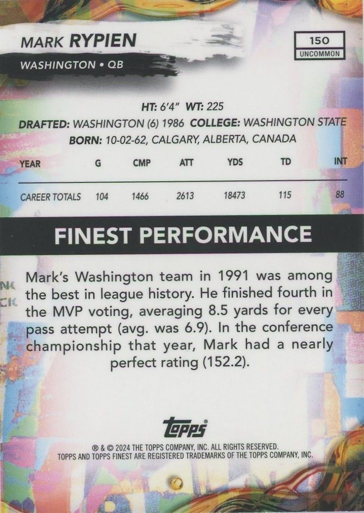 Mark Rypien 2024 Topps Finest Blue #14/250 #150