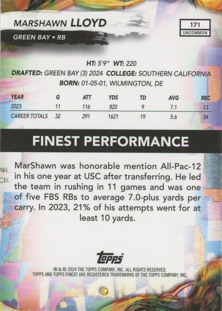 Marshawn Lloyd 2024 Topps Finest Purple Rookie RC #160/200 #171