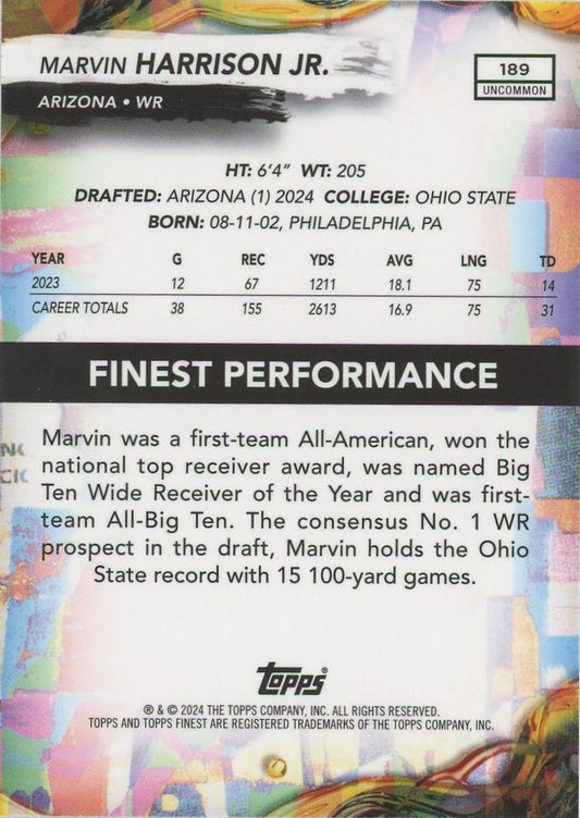 Marvin Harrison Jr 2024 Topps Finest Sky Blue Refractor Rookie RC #241/250 #189