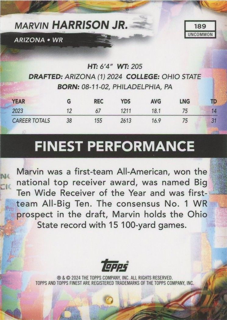 Marvin Harrison Jr 2024 Topps Finest Rookie RC Checkerboard #189 Arizona