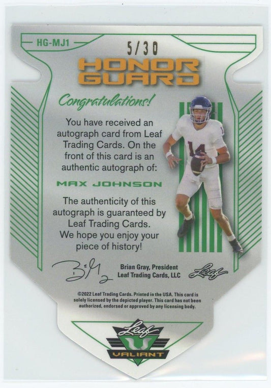 2022 Leaf Valiant Football Max Johnson Honor Guard Green Die Cut Auto #5/30 #HG-MJ1