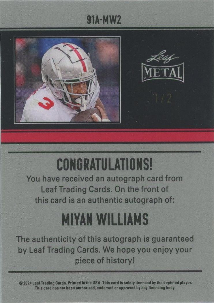 Miyan Williams 2024 Leaf Metal Blue Auto #1/2 91A-MW2